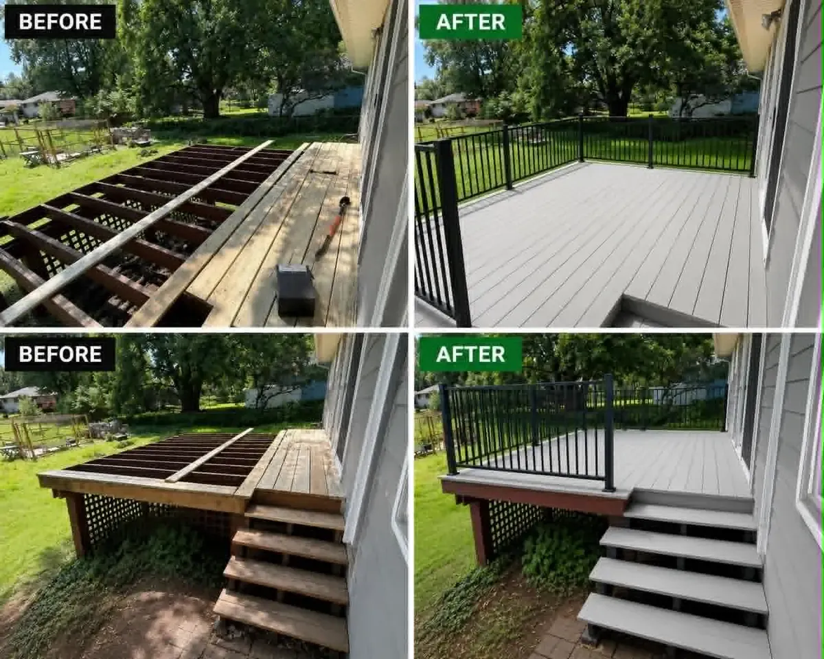 Before and after of a full deck rebuild — old joists replaced with new composite decking, stairs, and black railing